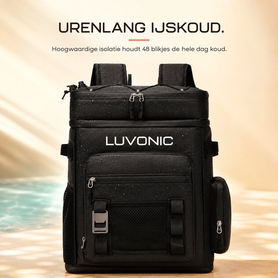 Luvonic® Koeltas Rugzak - 30 Liter Koelrugzak voor 48 Blikjes - Waterdicht & Lekvrij - Premium Koeltas voor Strand, Festival & Camping - Zwart van luvonic — afbeelding 2
