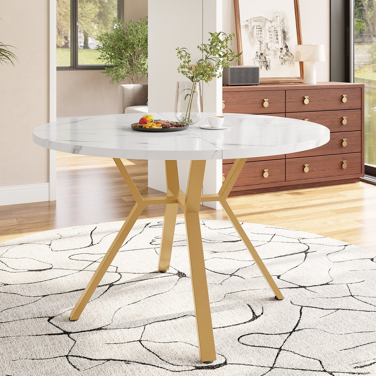MEUNIQ ronde eettafel 100 cm met marmerlook tafelblad, goudkleurige X-vormige metalen basis, MDF tafel voor eetkamer of woonkamer, goud en wit