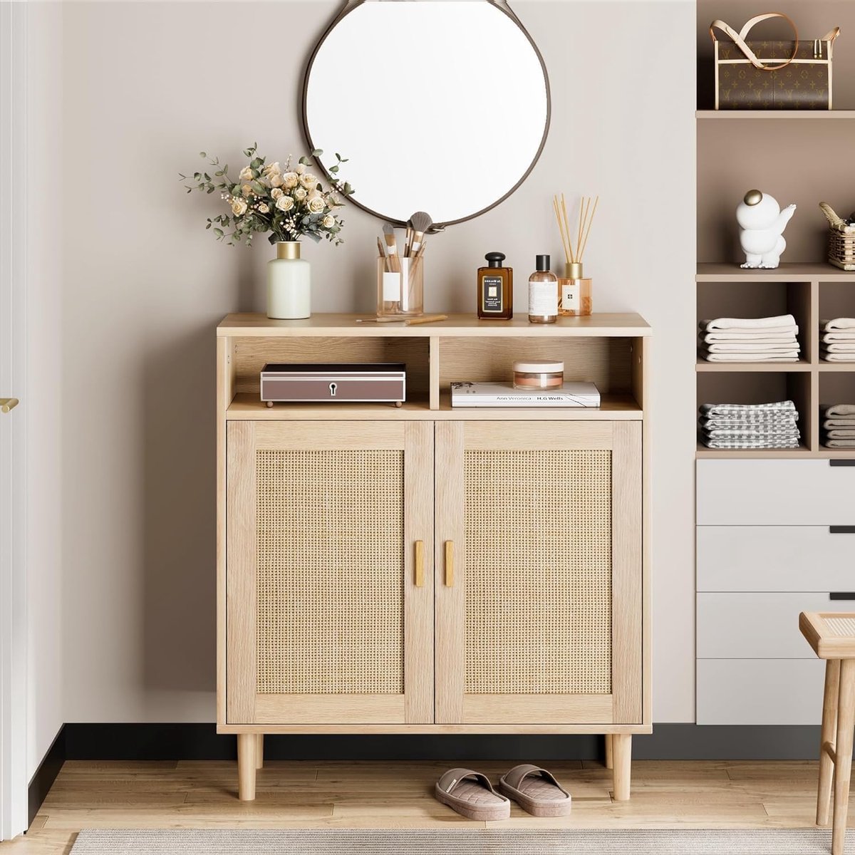 Set van 2 moderne rotan dressoirs van 91 cm (36 inch) – buffetkast met 2 deuren en plank, boho tv-meubel en koffiebar voor eetkamer, keuken en hal.