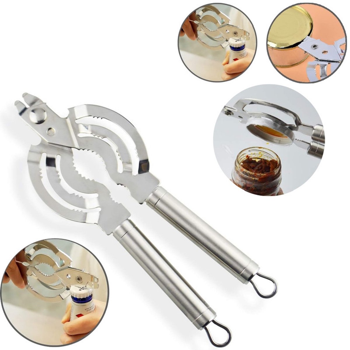 Roestvrijstalen blik- en flesopener – Compacte en gebruiksvriendelijke opener – Multifunctionele opener (geschikt voor mensen met beperkte handkracht) – Bierflesopener – Keukenhulp – Moeiteloos blikken, flessen en barartikelen openen.