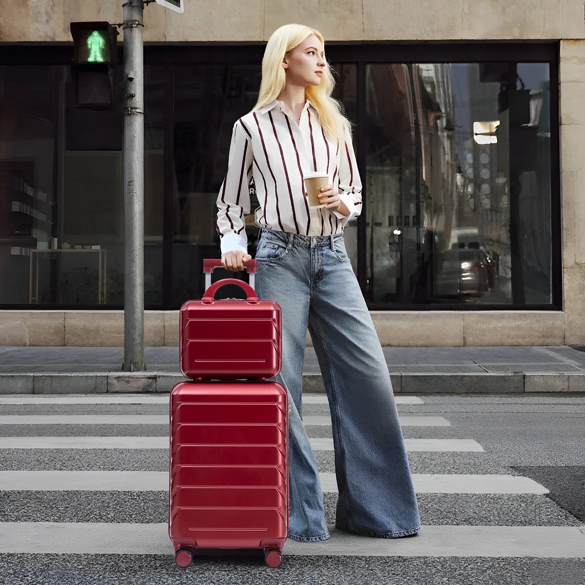VVBV Kofferset 2 Delig 14/19 inch - ABS Hardcase, Handbagage Koffer, Beautycase, Spinner Wielen, Cijferslot, Wijnrood, Trolley