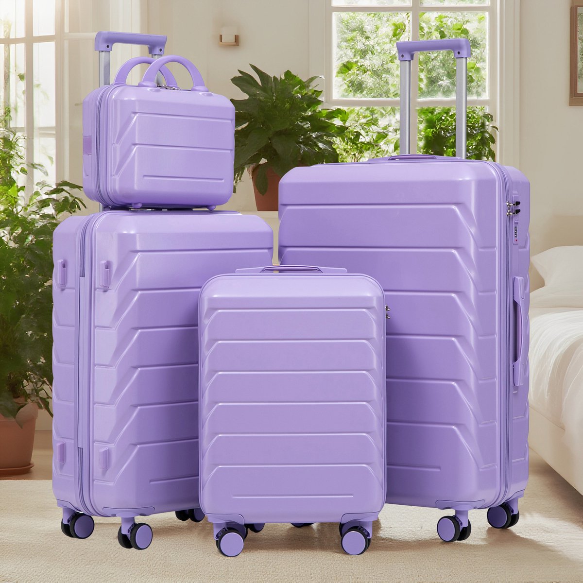VVBV Kofferset 4 Delig 14/19/24/28 inch - ABS Hardcase, Beautycase, Zijhaken, Spinner Wielen, Cijferslot, Reisset, Blauw-Paars