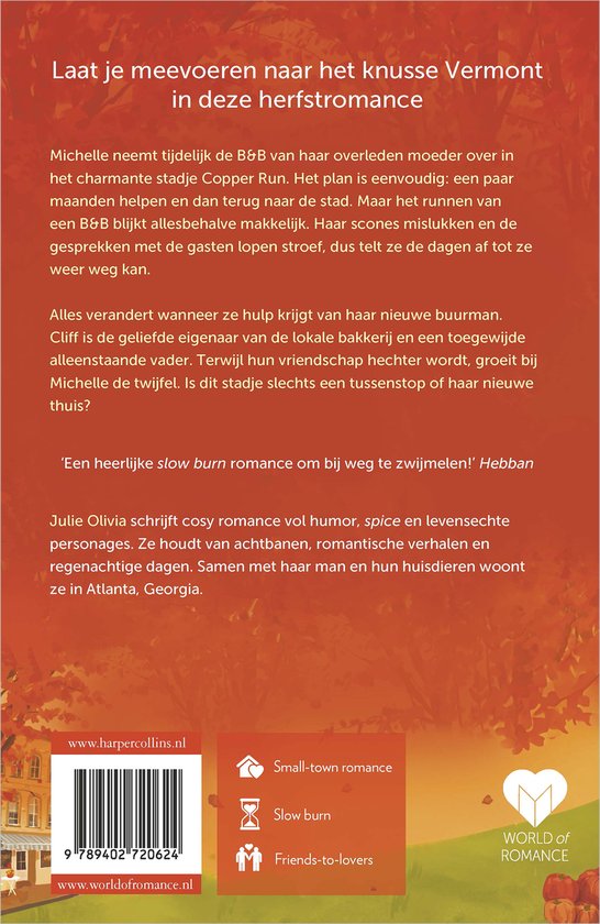 Couverture de livre dans des tons d'automne, le titre 'Laissez-vous emporter dans le Vermont confortable dans cette romance d'automne'.