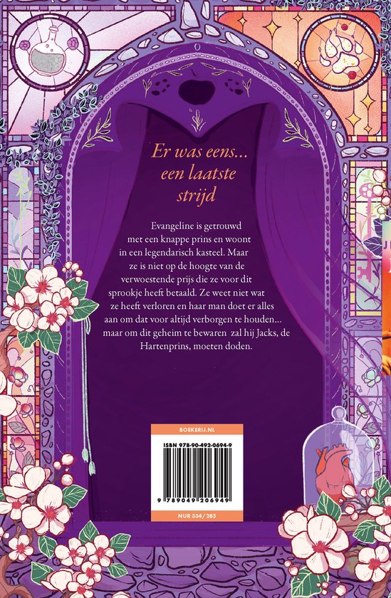 Boekomslag van "Er was eens... een laatste strijd". Paarse sierlijsten met bloemen en alchemie-elementen. Centraal de titel in sierlijk wit en oranje, met tekst over Evangeline. Onderin ISBN en barcode.