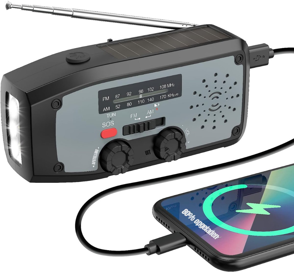 KIRA® Noodradio Solar Opwindbaar - 20000mAh - Noodradio - Draagbare Noodradio - Zwart/Grijs - 12cm x 6cm x 4cm