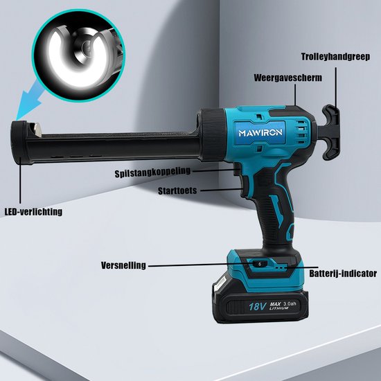 Blauw en zwart MAWIRON kitpistool met LED-verlichting aan de voorzijde.