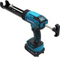Blauw en zwart MAWIRON elektrisch kitpistool, zijaanzicht met de duwstang zichtbaar.