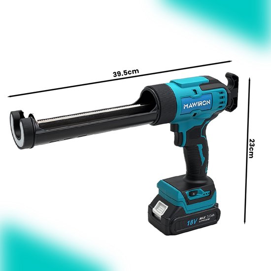 Een MAWIRON elektrisch kitpistool met blauwe en zwarte accenten, met afmetingen 39.5cm en 23cm. De accu is 18V.