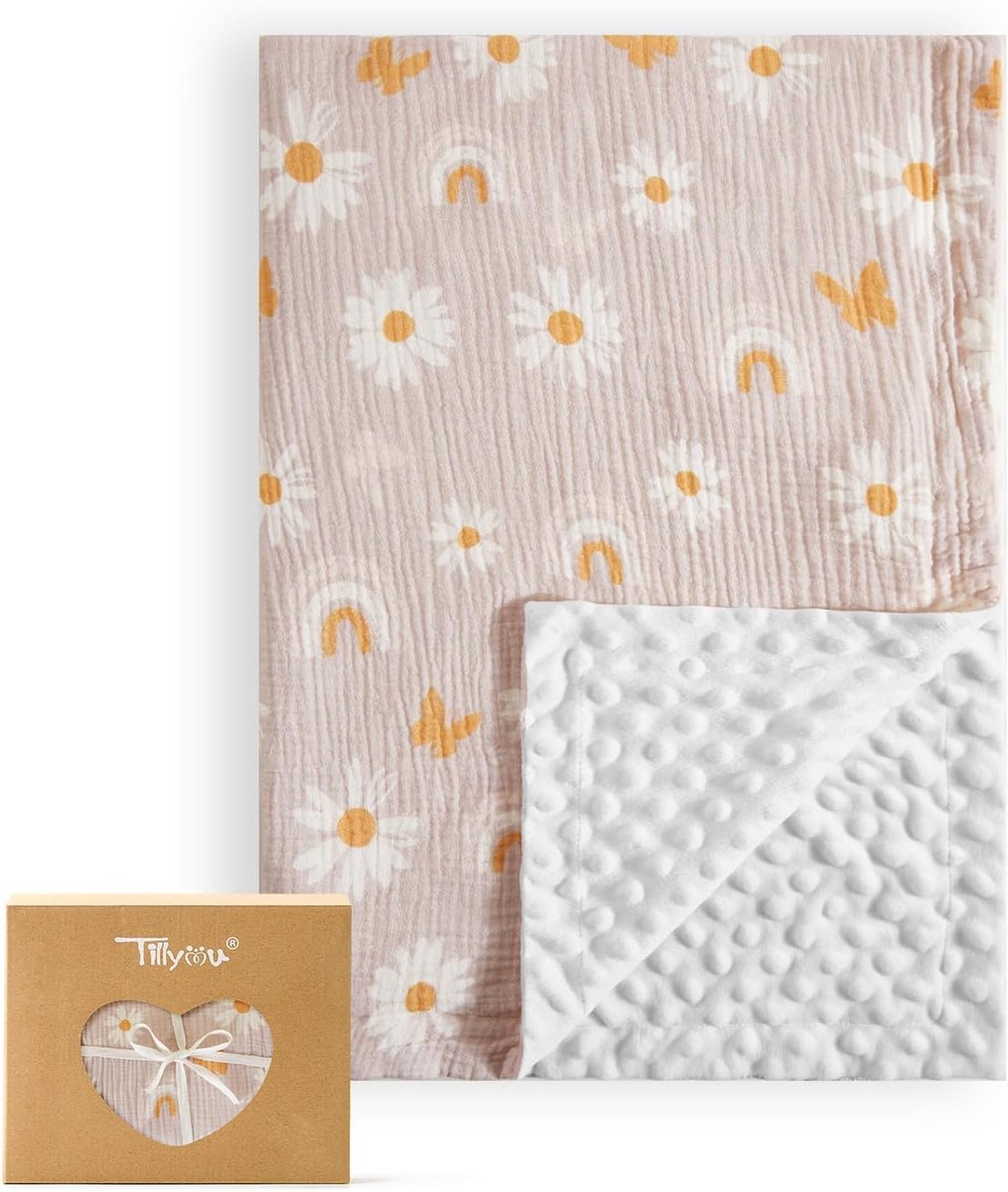 SnelShoppen - Baby Dekentje 75 x 100 cm, Dubbelzijdig Kinderen Dekbedje, Katoen Muslin en Minky, Roze Vlinder, Ideaal voor Pasgeborenen en Crawler