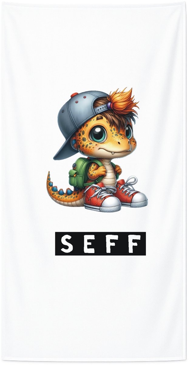 Strandlaken met naam kind 70x140 cm - Badhanddoek badstof - Gepersonaliseerd – Dino met pet – Livingstickers - Wit