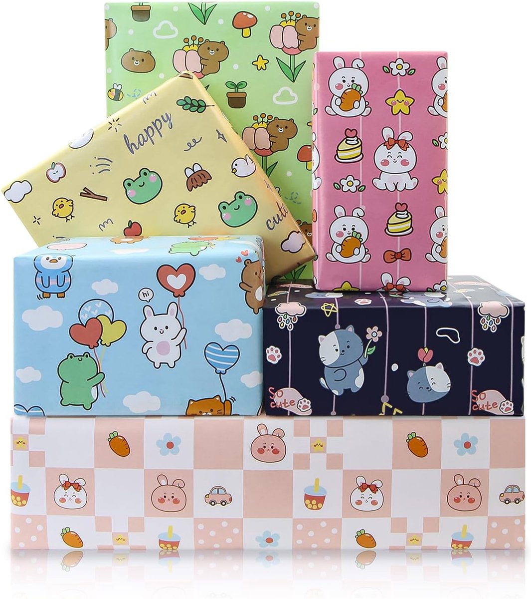 SnelShoppen - Kleurrijk Dieren Cadeau Inpakpapier Set van 6 Vouwbladen, 20x28 inch, Schattige Patronen voor Verjaardag, Babyshower, Kinderen, Feest, K