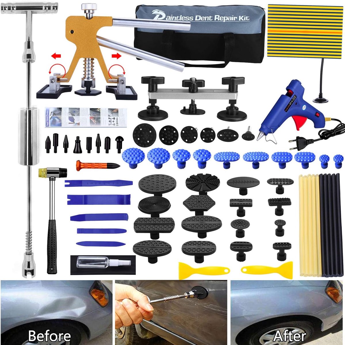 SnelShoppen - Car Dent Repair Kit met 67 onderdelen, verstelbare breedte, gouden lifter, schuifhamer en metalen brug voor deukverwijdering van voertui