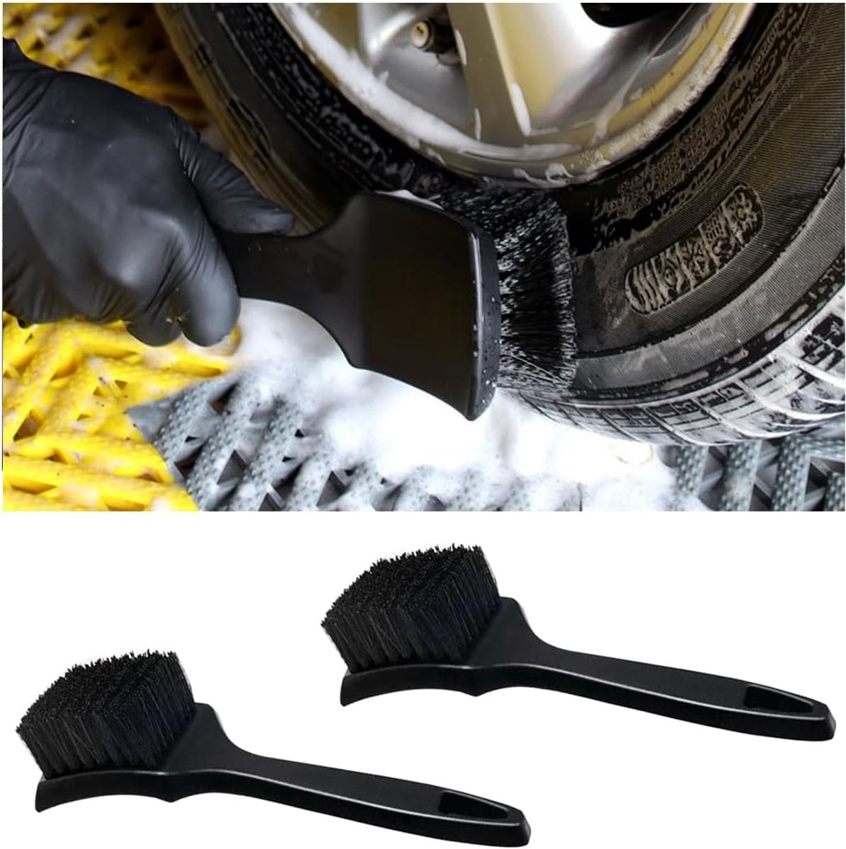 SnelShoppen - 2 Pcs Velgenborstel Set, Antislip Handvat, Auto Onderhoudsborstel, Wielreinigingsborstel, Zachte PP Borstel, Zwart, Voor Auto en Motor