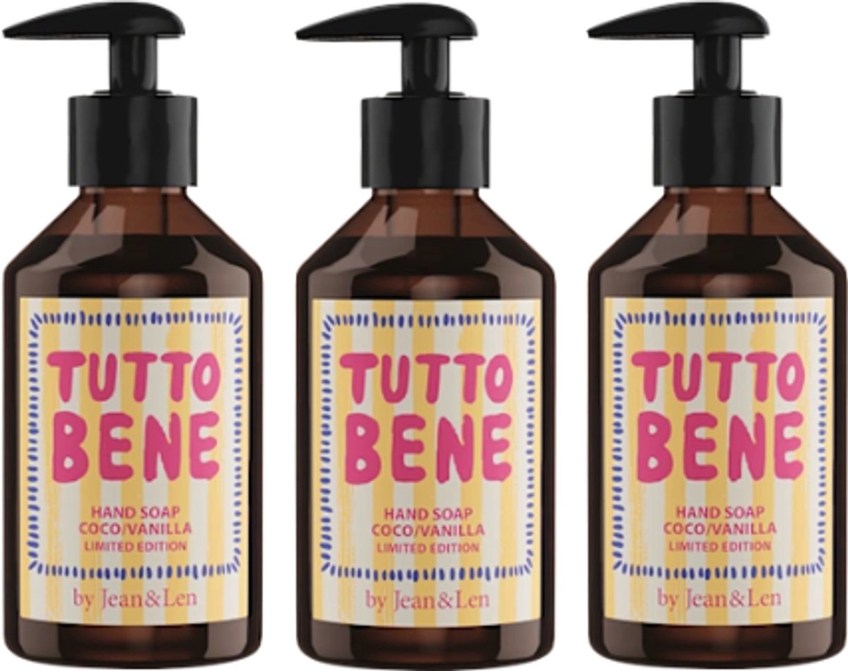 Jean & Len Handzeep - Tutto Bene Coco&Vanilla | 3x 250 ml Vloeibare zeep | VOORDEELVERPAKKING - 3 stuks Luxe Handzeep