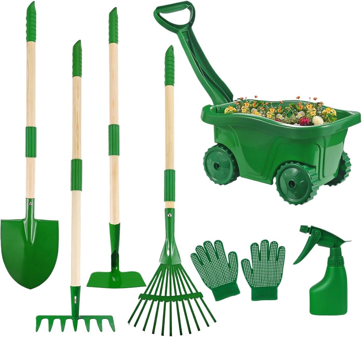 SnelShoppen - Kinder Tuingereedschap Set - Compleet Tuinspeelset voor Jongens en Meisjes - Ergonomisch Gereedschap met Kruiwagen, Hark, Schep, Schoffe