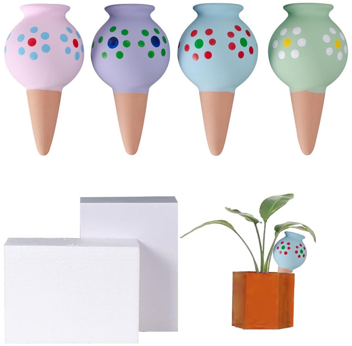 SnelShoppen - 4PCS Clay Cone Watering System, Automatische Planten Waterdispenser, Zelfbewateringsbollen voor Kamerplanten, Balkon en Tuin, Dots - Ide