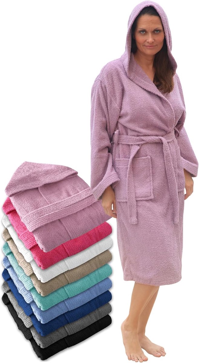 SnelShoppen - Dames Badjas met Kap 100% Katoen - Unisex Badjassen van Handdoekmateriaal 450 g/m² met Ceintuur en Zakken, Ideaal voor na Douche, Bad of