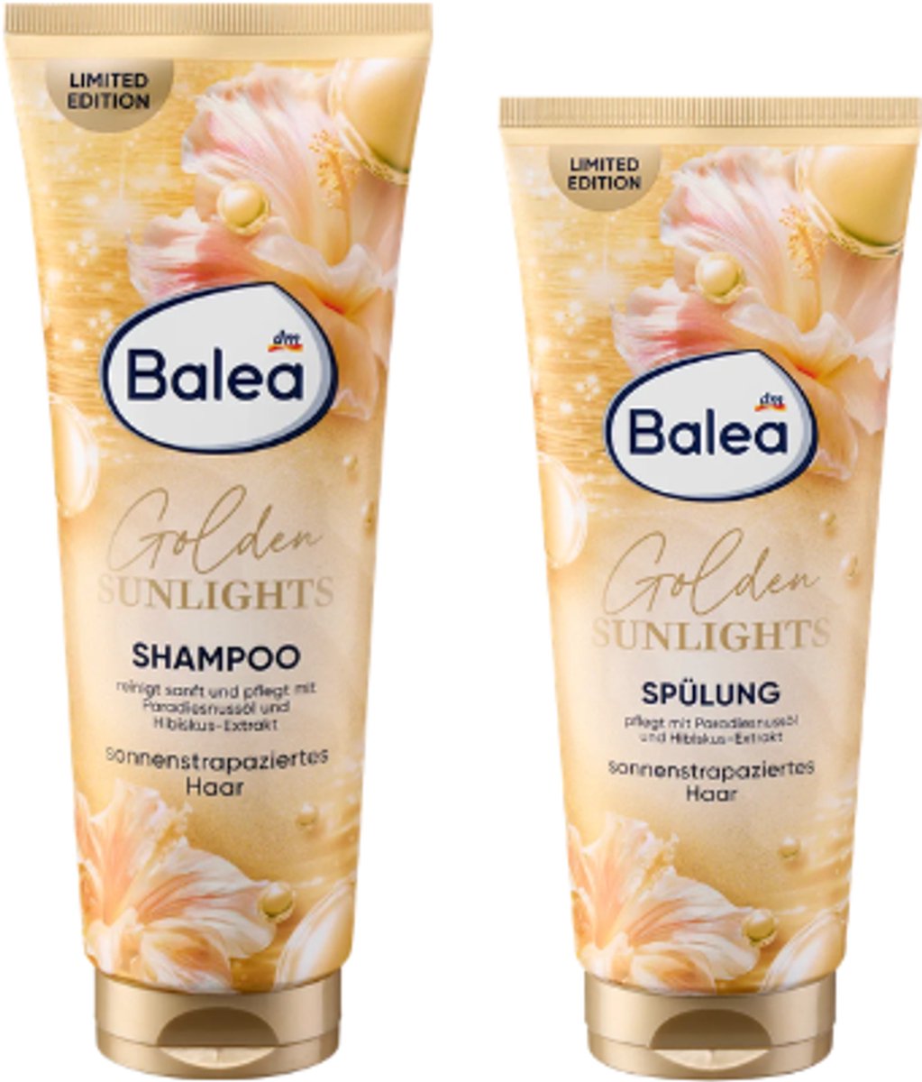 Balea Golden Sunlights Shampoo & Conditioner | 1x 250 ml + 1x 200 ml - Haarverzorgingsset | Verzorging voor Zonbelast Haar - Met Gouden Shimmer - Limited Edition 2026
