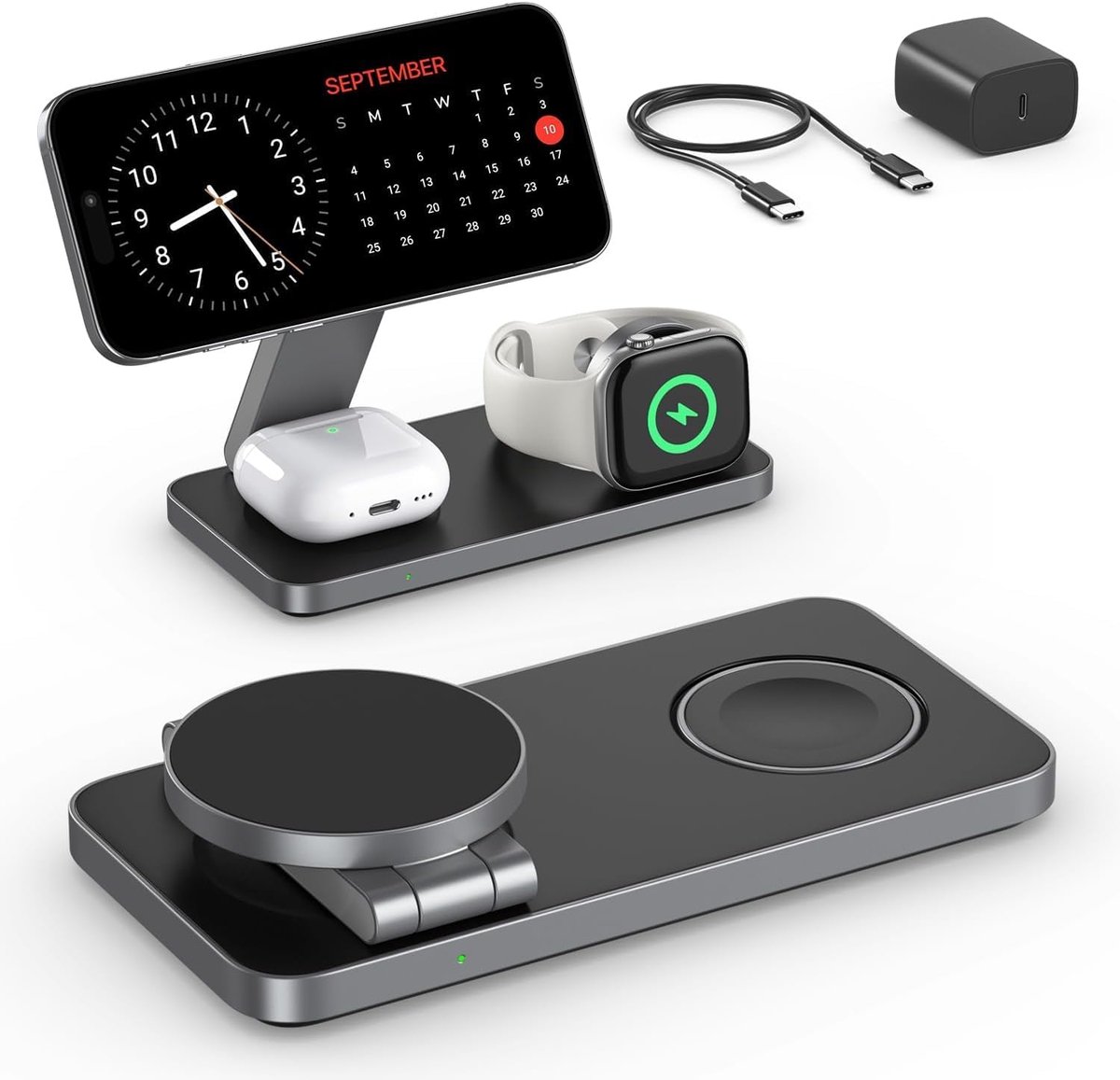 SnelShoppen - 3-in-1 Draadloze Oplader Station voor iPhone, Apple Watch en AirPods - Snelle Magnetische Oplader tot 15W - Geschikt voor iPhone 16/15/1