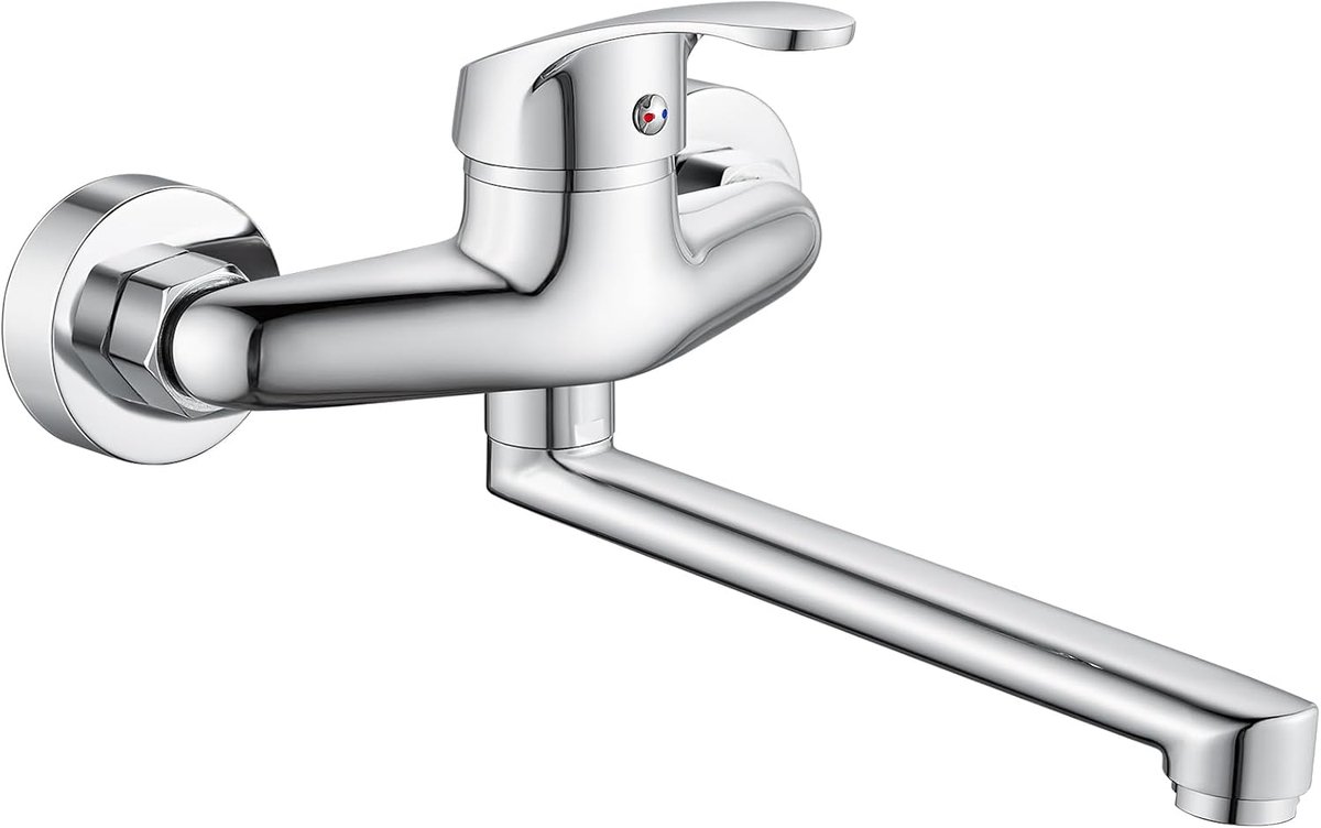SnelShoppen - Wandmontage Keukentap, 360° Draaibare Mengkraan, Enkele Hendel, Chroom Geplateerd, Voor Warm en Koud Water, 230 mm Zwenk Pijp, Keukenacc