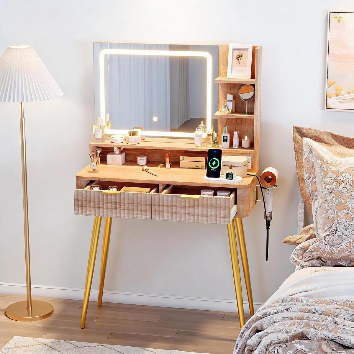 Moderne Kaptafel met LED-Spiegel & Stopcontact - 80 cm Breed - Make-up Tafel met 2 Grote Laden - Houten Toilettafel & Compact Bureau - Japandi & Scandinavische Stijl - Naturel Houtlook