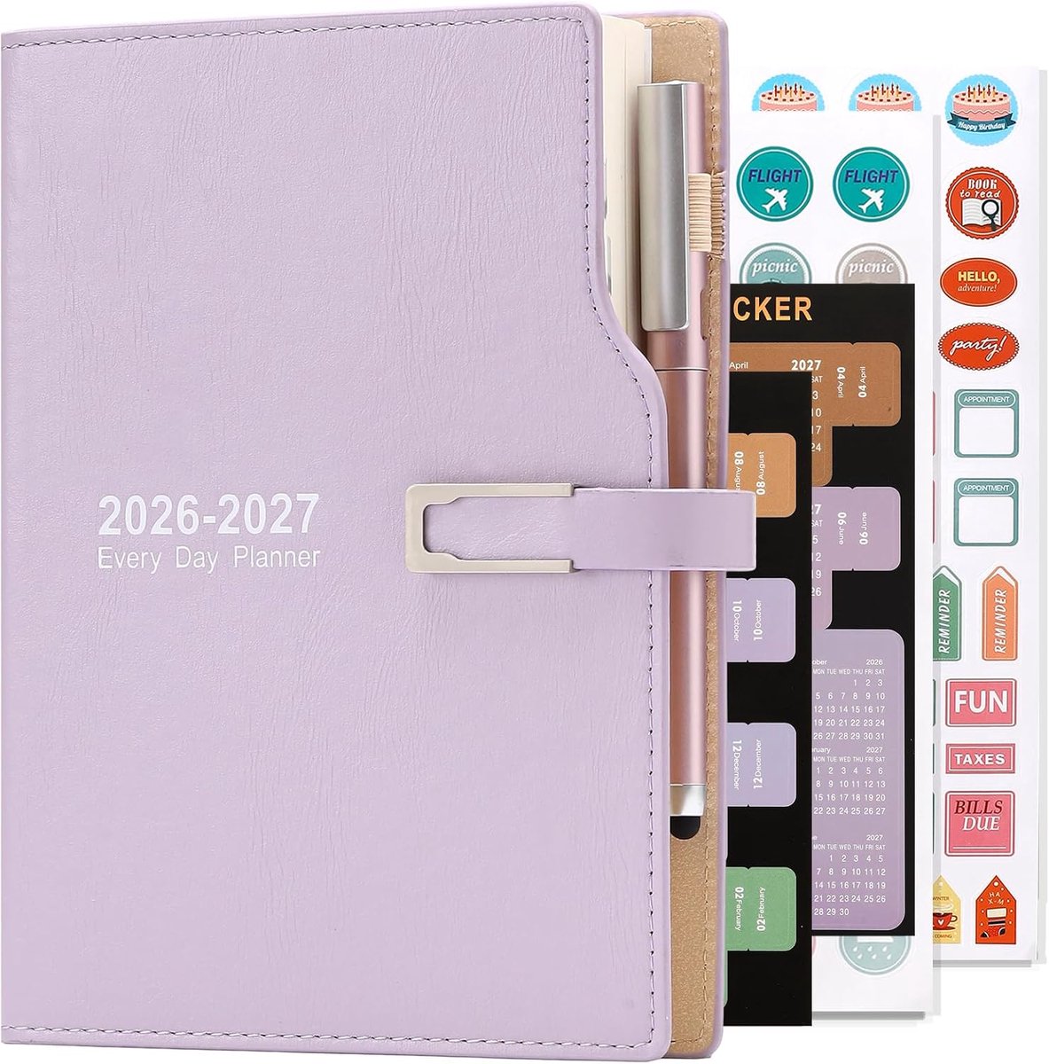 SnelShoppen - Academic Journal 2026-2027 A5 Dag tot Pagina, Agenda Planner met Kalender Stickers, Premium Dikke Papieren Organiser met Penhouder en Pe