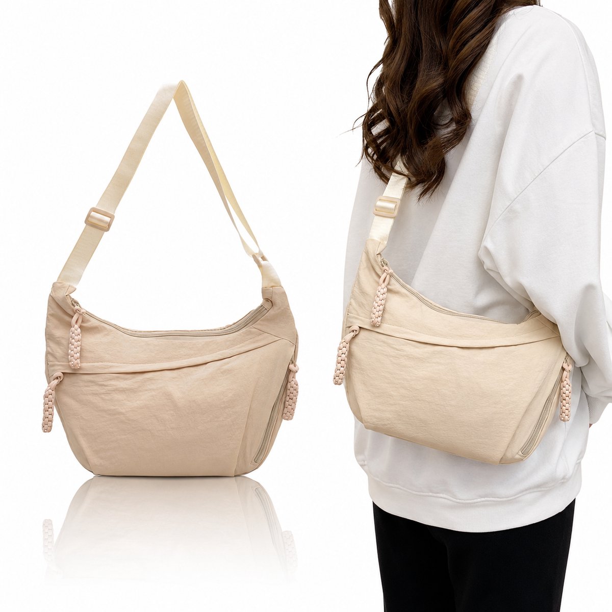 Tas-Modieuze Crescent Crossbody Tas -Dames heuptasje-Nylon Schoudertas Dames - Lichtgewicht Hobo Bag voor Dames - Dumpling Tas voor Reizen en Outdoor - Multifunctionele Handtas met Gesp - Gebroken wit