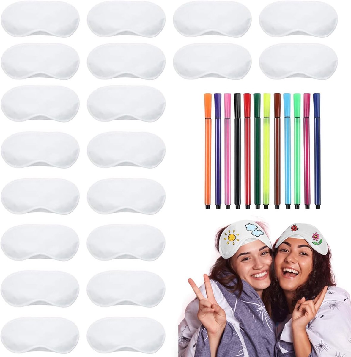SnelShoppen - Set van 32 stuks voor slaapfeestjes - Ultra zacht slaapmasker, 20 beschilderbare oogmaskers en 12 kleurpotloden - Perfect voor meisjes,