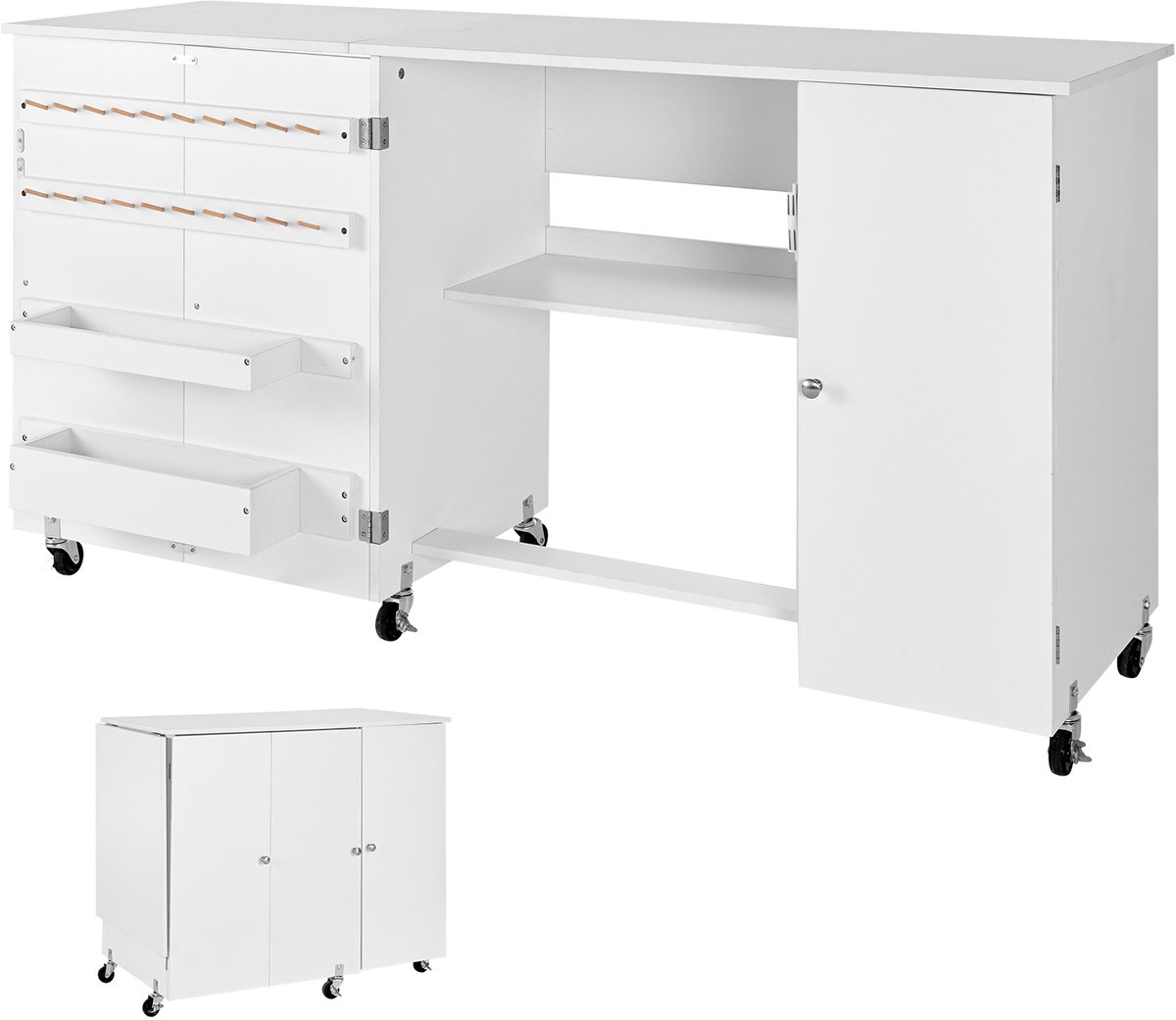 Naaitafel met wielen, Houten frame, Planken & Magnetische deur, Multifunctionele Tafel voor Naaien en Knutselen, Draagvermogen 40 kg, Geschikt als Bijzettafel, Wit