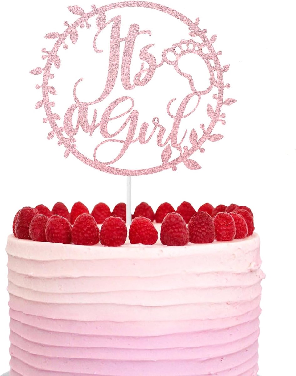 SnelShoppen - DazzJoy Taartdecoratie voor Babyfeestjes - It's a Girl Taarttopper Roze met Glitter - 16 x 20 cm - Perfect voor Doop, Babyshower en Gend