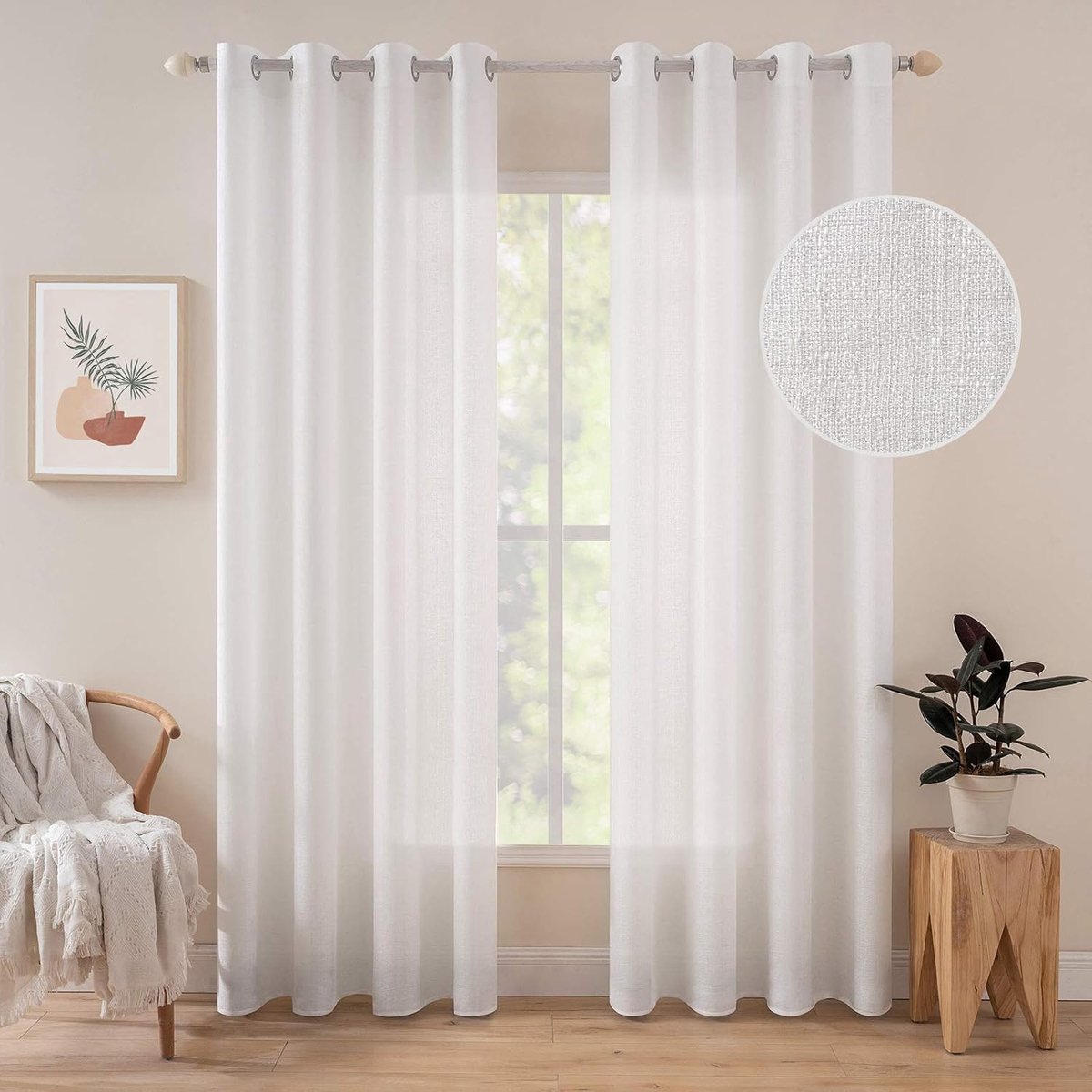 SnelShoppen - Set van 2 Transparante Voile Gordijnen met Ogen, Luchtig en Lichtdoorlatend, Kleurverloop, Linnen, 140 x 215 cm, Zuiver Wit, Decoratief