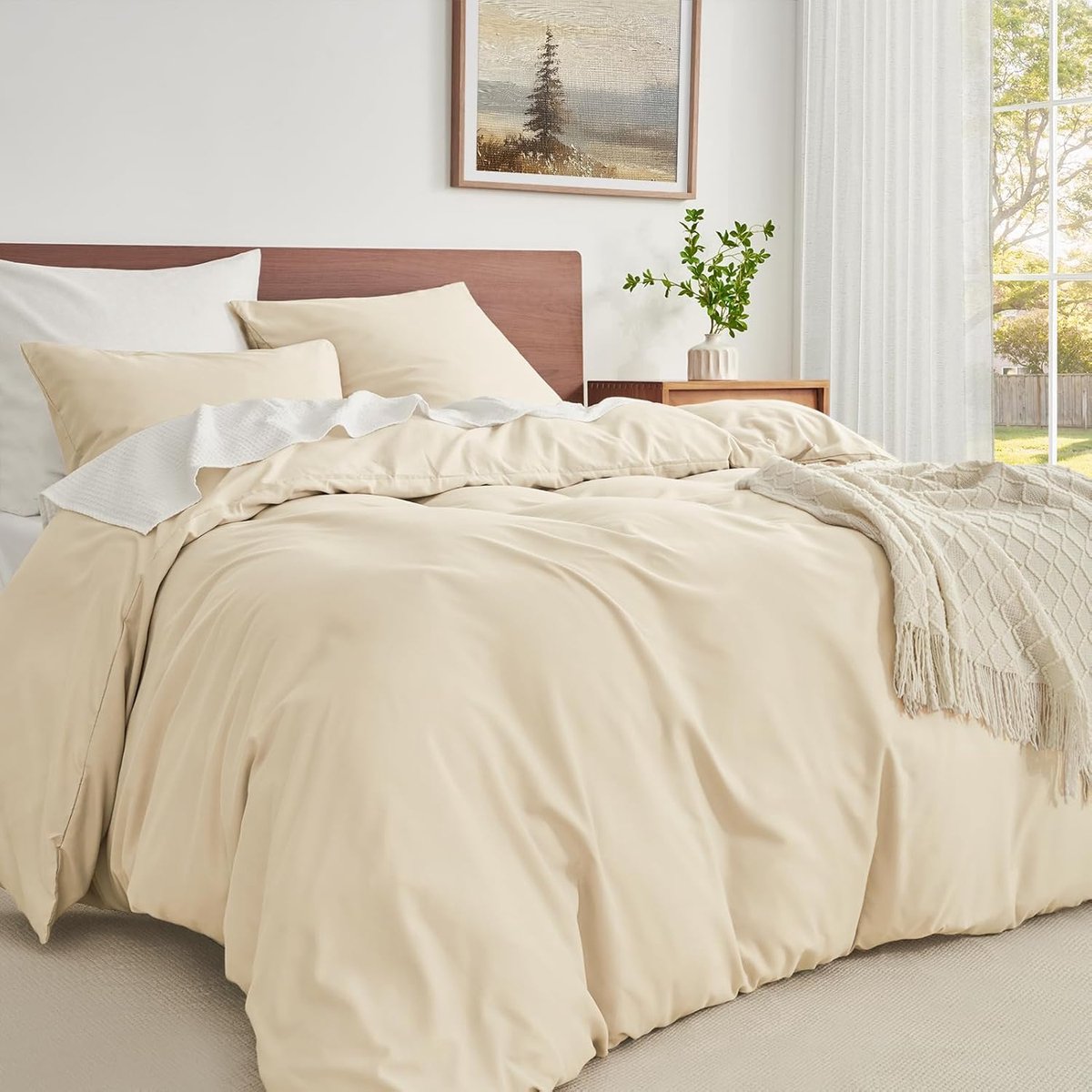 SnelShoppen - Beddengoedset 200x200 Beige, Effen Dekbedovertrek 200x200 + 2 Kussenslopen 80x80 cm, Strijkvrij Microvezel, Ideaal voor Slaapkamer, Comf