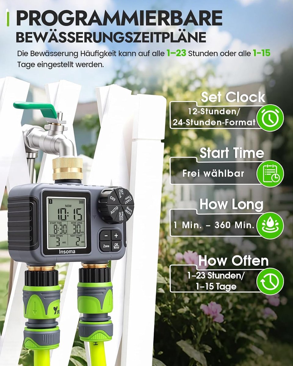 SnelShoppen - 2-Zone Sprinkler Timer Messing Inlaat/Uitlaat, Waterslang Timer met Auto/Handmatige Modi, Regen Vertraging, Grote LCD Display, IPX5 Wate