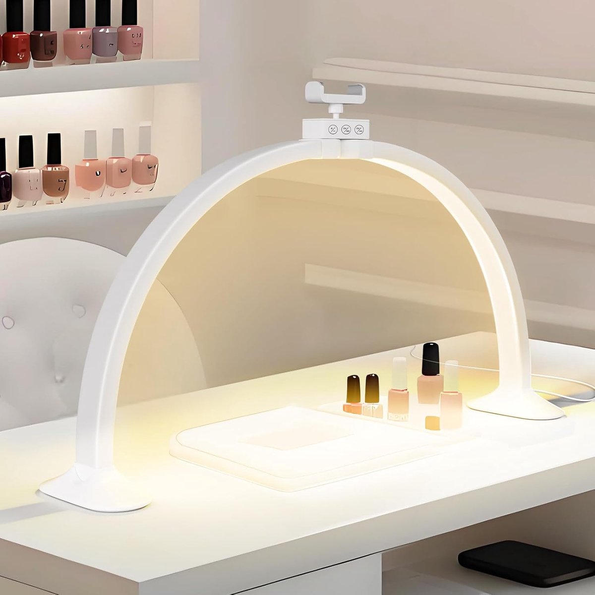 SnelShoppen - Halve Maanlamp voor Nagelbureau, Opvouwbare LED Nageltafellamp met Telefoonhouder, 3 Kleurmodi en 10 Helderheidsniveaus voor Schoonheid,