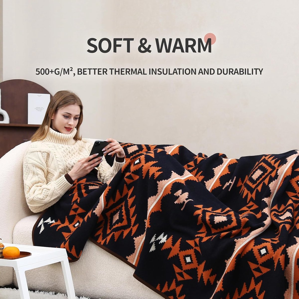 SnelShoppen - Merinowol Thorw Deken - Warm, Dik Wasbaar Plaid - Grote Camping Slaapdeken - Donkerblauw 200 x 160 cm - Ideaal voor Outdoor, Alle Seizoe