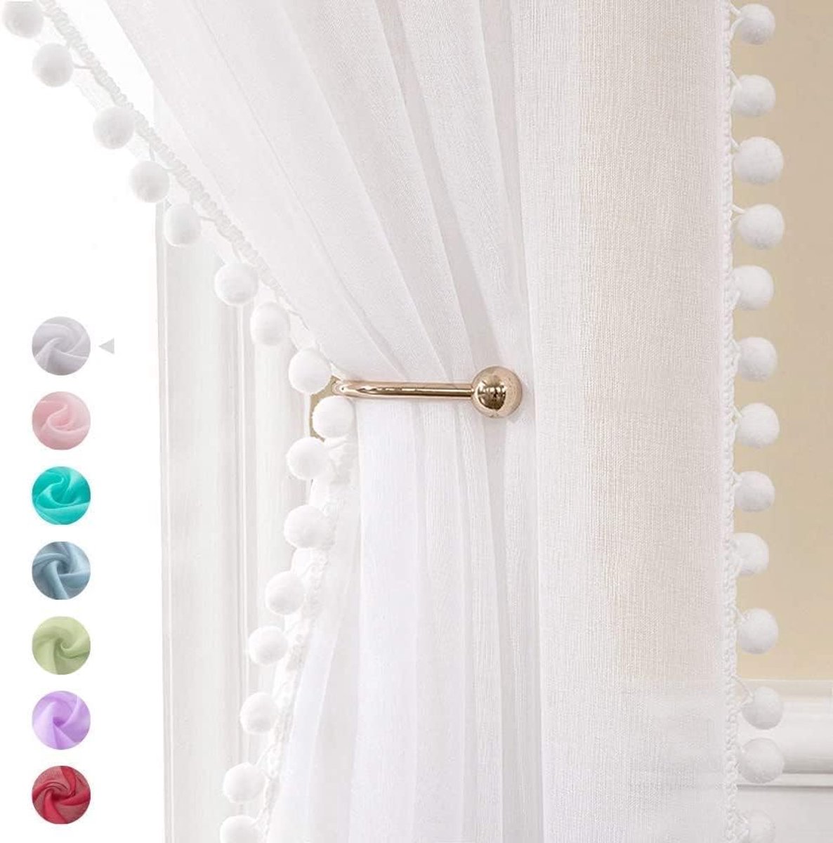 SnelShoppen - Transparante Gordijnen met Pompons - Witte Voile Raamgordijnen voor Slaapkamer, Woonkamer, Kinderen, Meisjeskamer, 2 Panelen, 140 cm, Po