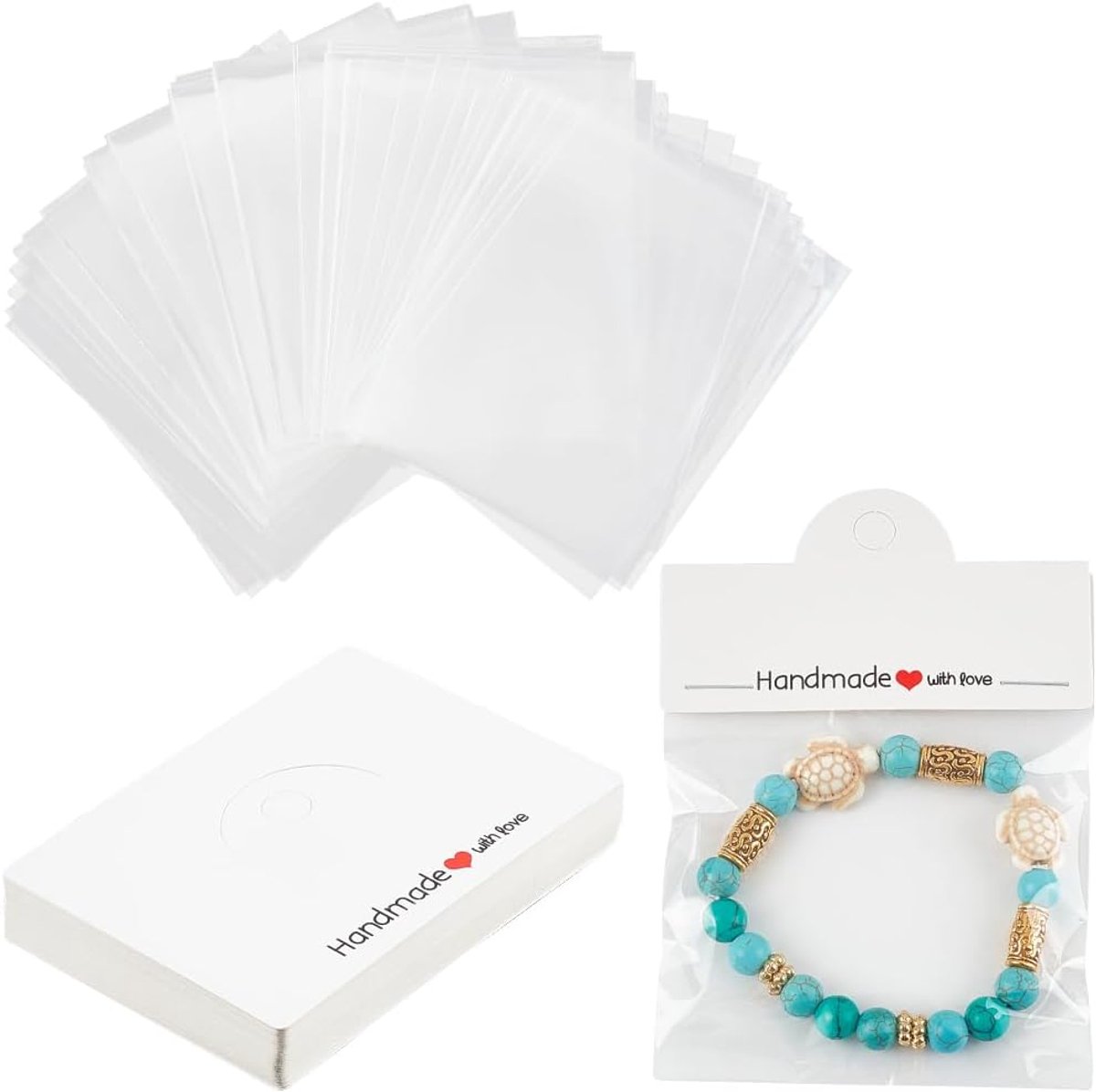 SnelShoppen - 100 Stuks Sieraden Pakket Zakken met Oorbel Display Kaarten - Witte Kartonnen Opvouwbare Header Kaarthouders voor Armbanden en Oorbellen