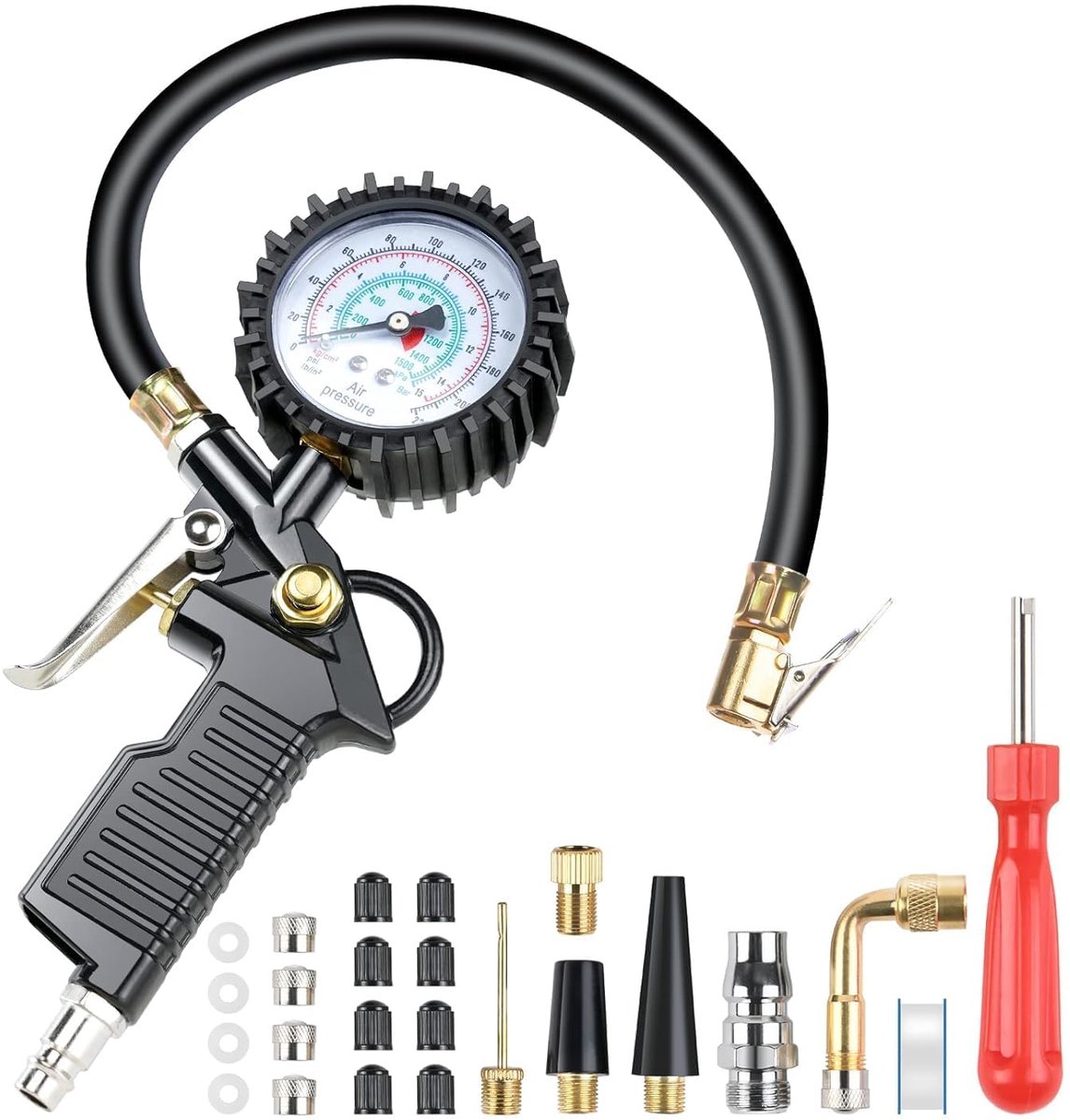 SnelShoppen - Bandenspanningsmeter 220 PSI met Rubber Slang, Ventielgereedschap, Compressoraccessoires, Geschikt voor Auto, Motorfiets, Fiets en Vrach