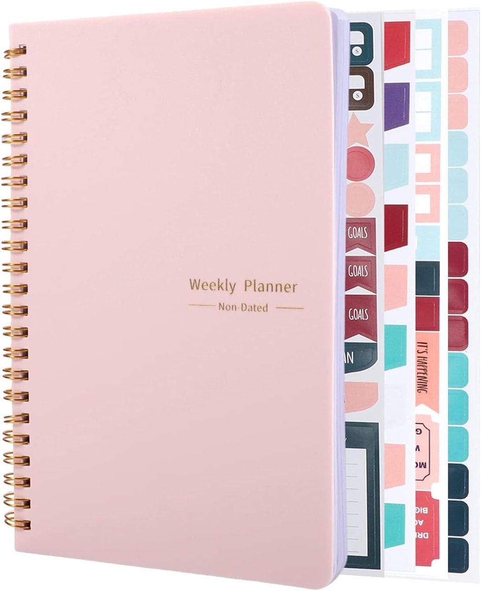SnelShoppen - Ongedateerde Weekplanner A5 met Checklist, Hardcover Notitieboek, Roze/Blauw, 52 Vellen, Organiser met Plakstickers voor Werk en College