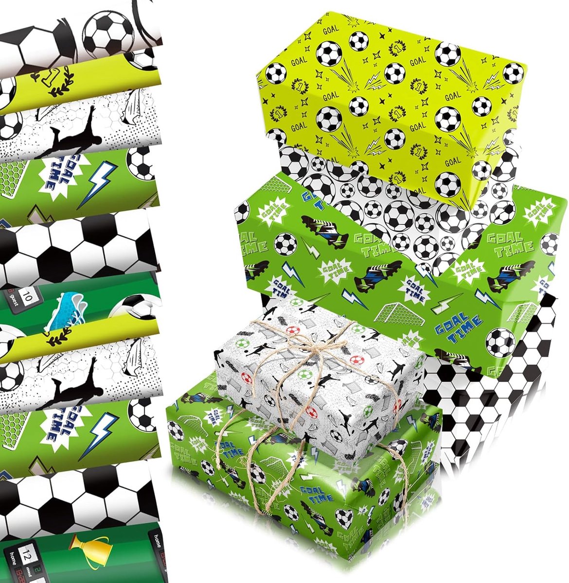 SnelShoppen - Inpakpapier Voetbal 68 x 50 cm - 12 Vellen Cadeaupapier Wit, Zwart, Groen - Recyclebaar Sportthema voor Verjaardag, Kinderen, Sportfeest