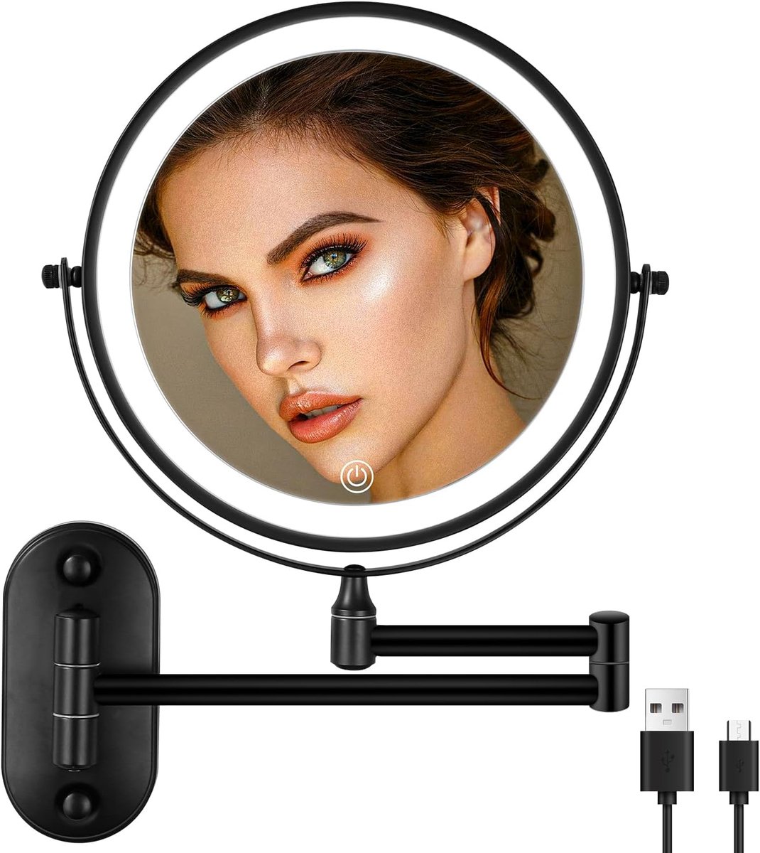 SnelShoppen - Make-upspiegel Wandmontage met 1X/10X Vergroting, LED Verlichting, 3 Kleuren, Zwart - Perfect voor Thuis, Reizen en Feestjes