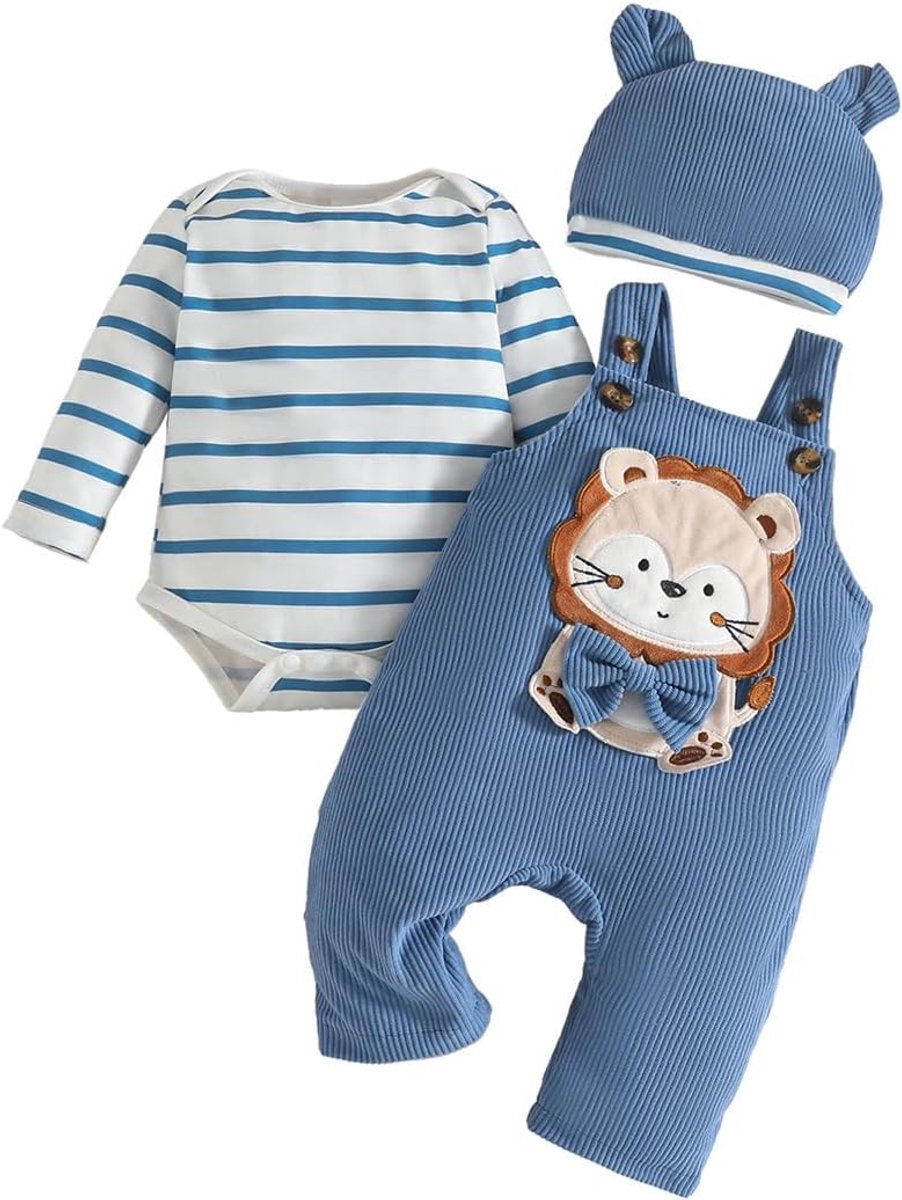SnelShoppen - Babykleding jongens lange mouwen gestreept bovenstuk dinosaurus-print overall verstelbare bretels comfortabel en modieus voor baby