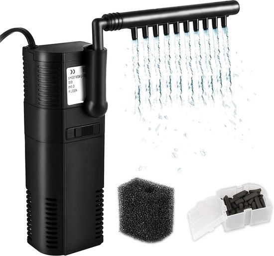 Compact Aquarium Binnenfilter 300L/u – 2W Waterpomp met Actieve Kool & Sponsfilter voor Aquaria tot 40L