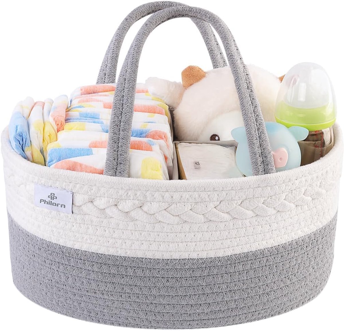 Thijox - Luier Caddy Organizer Katoenen Touw Mand met Verdelers voor Kinderkamer, Commode, Auto, Duurzame Baby Opbergmand, Perfect voor Babyshower Ges
