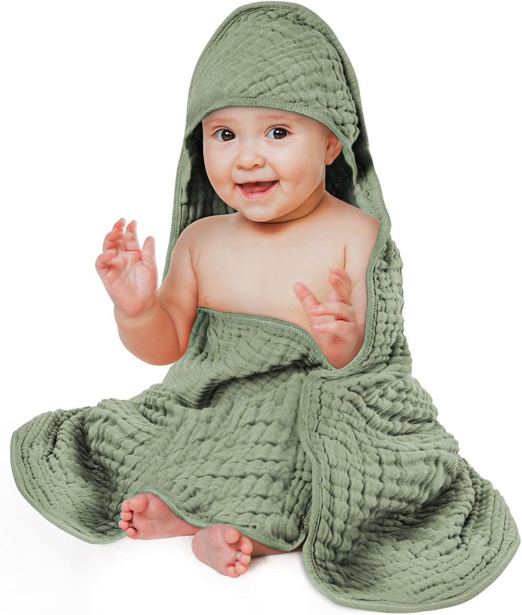 SnelShoppen - Babycapuchonhanddoek 80x80 cm - Zachte Crêpe Katoenen Badhanddoek met Capuchon - Uniseks Bubbelzand Groen - Perfect voor Badkamer, Wikke