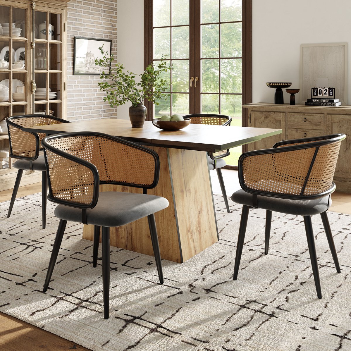 COVREO Eetkamerstoel set van 4 47 x 51 x 79 cm - rotan rugleuning, velvet zitting, armleuning, grijs