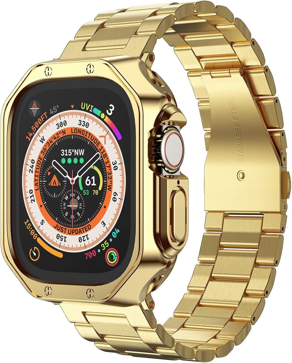 SnelShoppen - Compatibele Apple Watch Band en TPU Hoes - Roestvrij Stalen Ketting voor i-Watch Ultra Ultra2 Series 9 8 7 6 5 4 3 2 1 SE - Luxe Armband