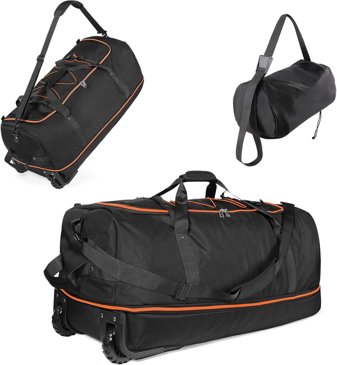 SnelShoppen - 32 Inch Vouwbare Reisbagage op Wielen, 110L-140L Uitbreidbare Sporttas met Opbergzak, Zwart-Oranje, Waterdicht Oxford, Ideaal voor Campi