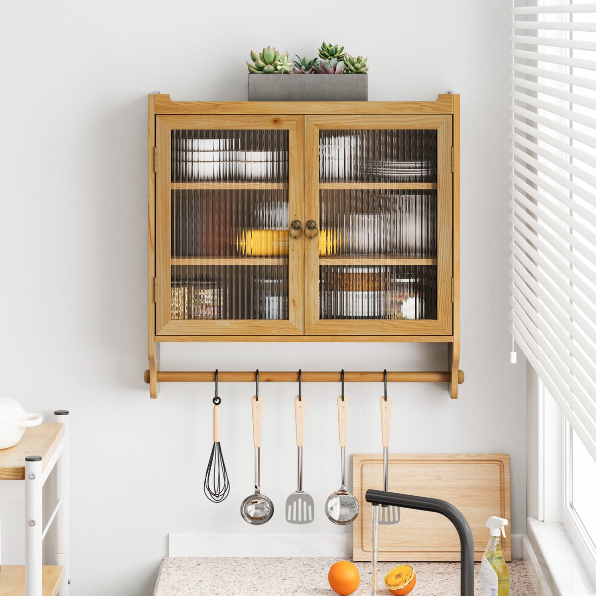 Wishdor - Wandkast - Vintage dubbeldeurs met glazen deuren en handdoekrek - wandmontage vo