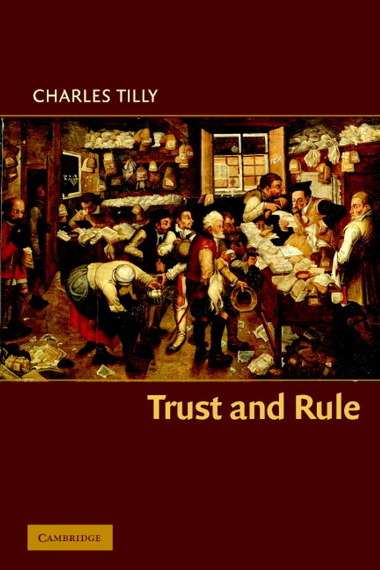 Boekcover van "Trust and Rule" door Charles Tilly, met een schilderij van een drukke markt of winkel in de 17e eeuw.